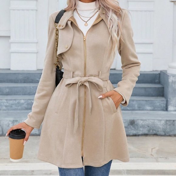 Khaki Preppy Womens Zip Up Belted Coat - Picture 4 of 5